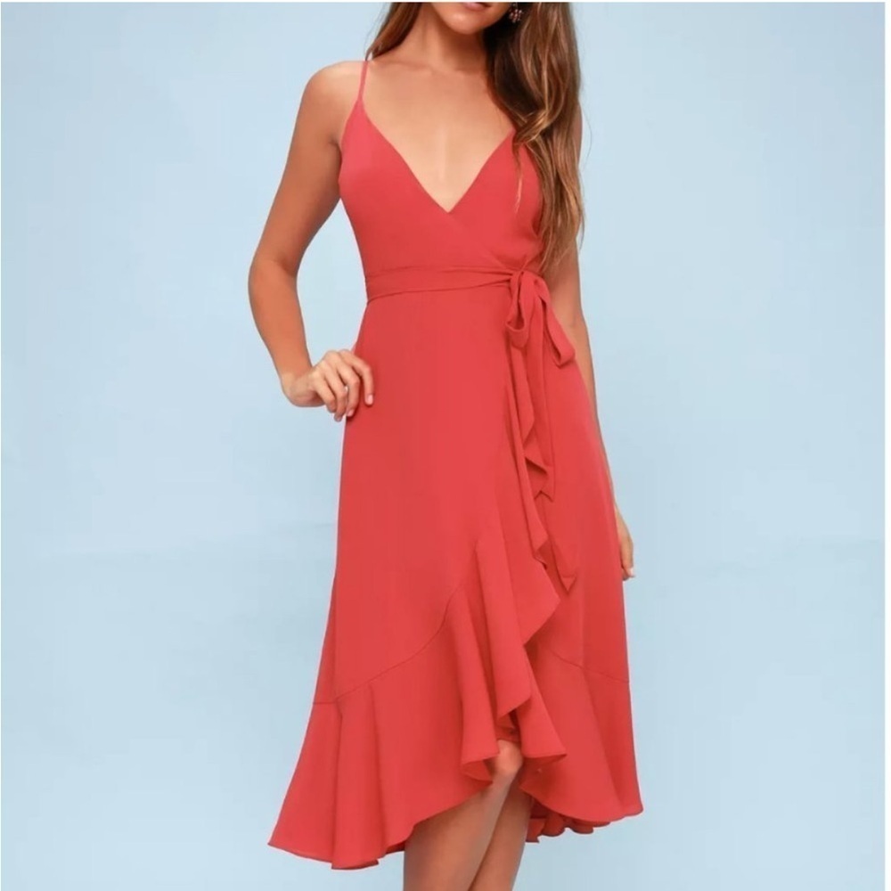 Lulus Manhattan Moment Mauve Ruffled Midi Wrap Dress